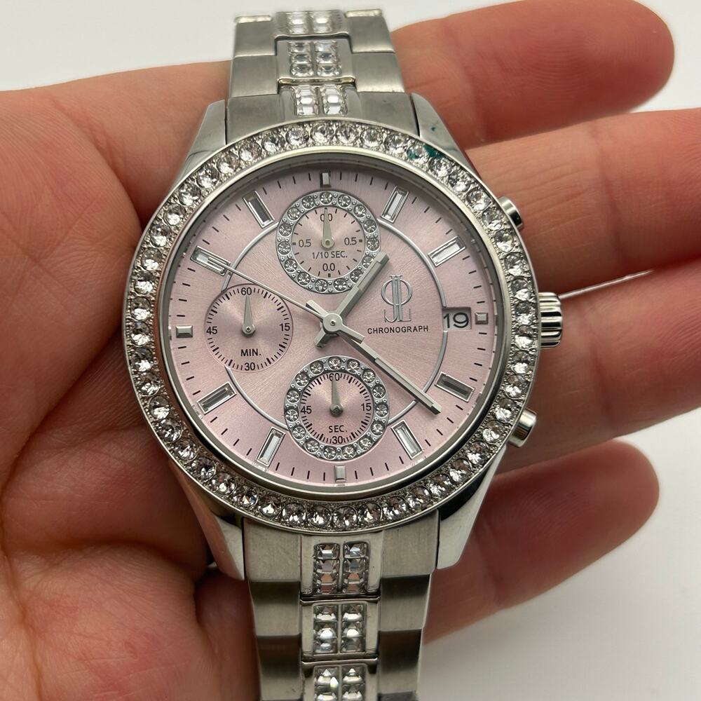 Jennifer Lopez Silver Tone Pink Dial Crystal Accents Women’s Chronograph Watch - Picture 6 of 8